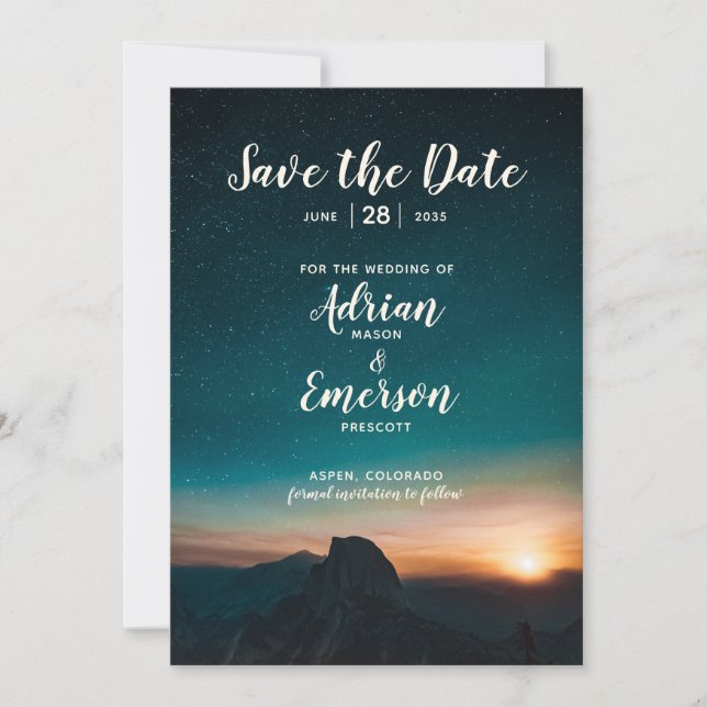 Night Sky Mountain Starry Galaxy Moderne Hochzeit Save The Date (Vorderseite)