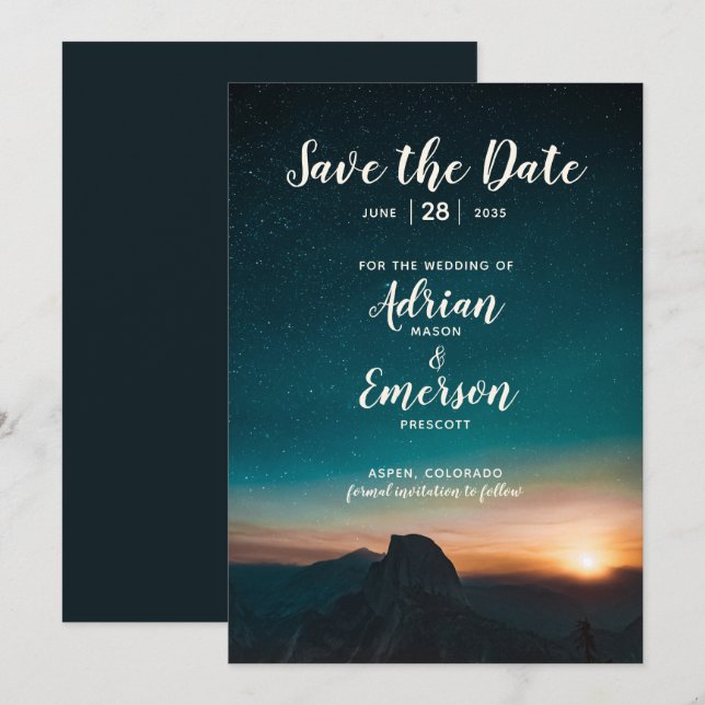 Night Sky & Mountain Stars Galaxy Moderne Hochzeit Save The Date (Vorne/Hinten)