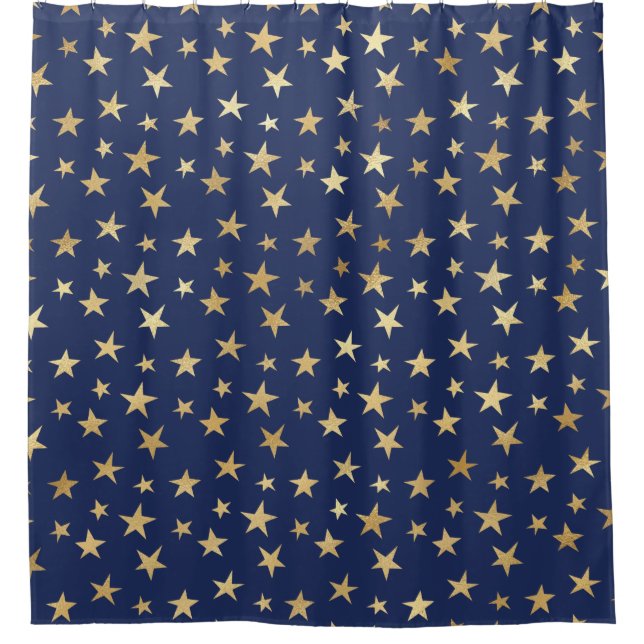 Night Sky Navy und Gold Stars Duschvorhang (Vorderseite)
