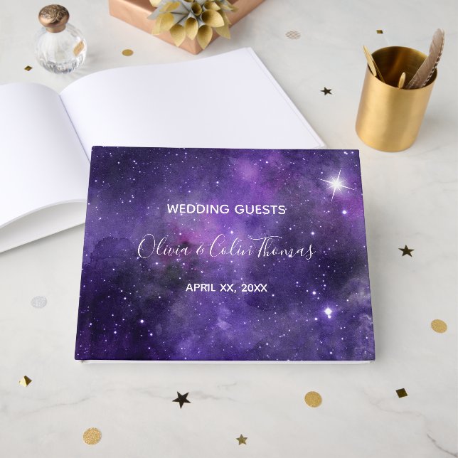 Night Sky Starlight Lila Wedding Guest Book Gästebuch (Vorderseite Offen)