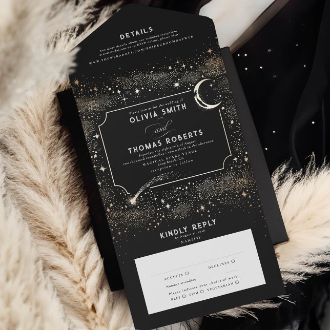 Night Sky Stars Celestial Mystical Black Wedding All In One Einladung (Celestial Black Starry Night All In One Wedding Invitation)