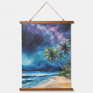 Night Sky Stars Lila Tropical Beach Palm Trees Wandteppich Mit Holzrahmen