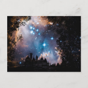 Night Sky Stars Tree Castle Postkarte