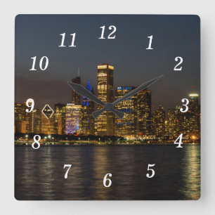 Night Skyline Chicago Pano Wall Clock Quadratische Wanduhr