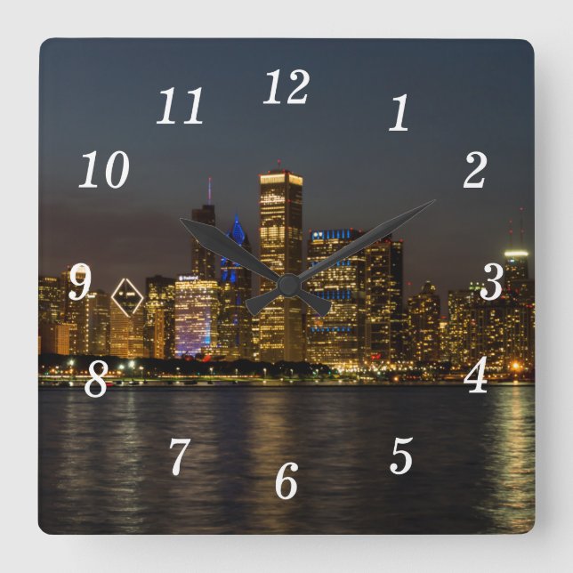 Night Skyline Chicago Pano Wall Clock Quadratische Wanduhr (Vorderseite)