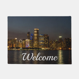 Night Skyline Chicago Pano Welcome Doormat Fußmatte
