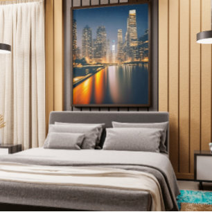 Night Skyline mit Vollmond: Digitales Malen auf Leinwanddruck