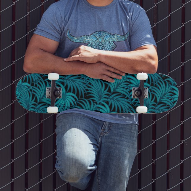 Night Tropical Aquamarin Palm Blätter Skateboard (Außenbereich 3)