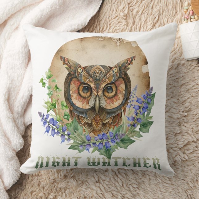 Night Watcher Boho Owl Illustration Kissen (Decke)
