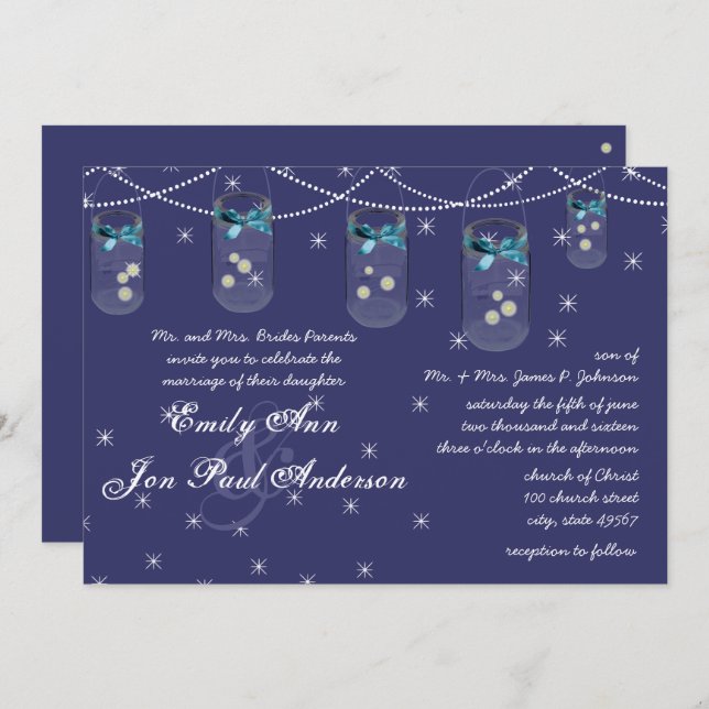 Night Wedding Navy Aqua Gelbe Blume Mason Jar Einladung (Vorne/Hinten)