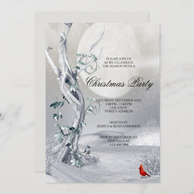 Night Winter Landschaft & Kardinal Weihnachts-Part Einladung (Vorne/Hinten)