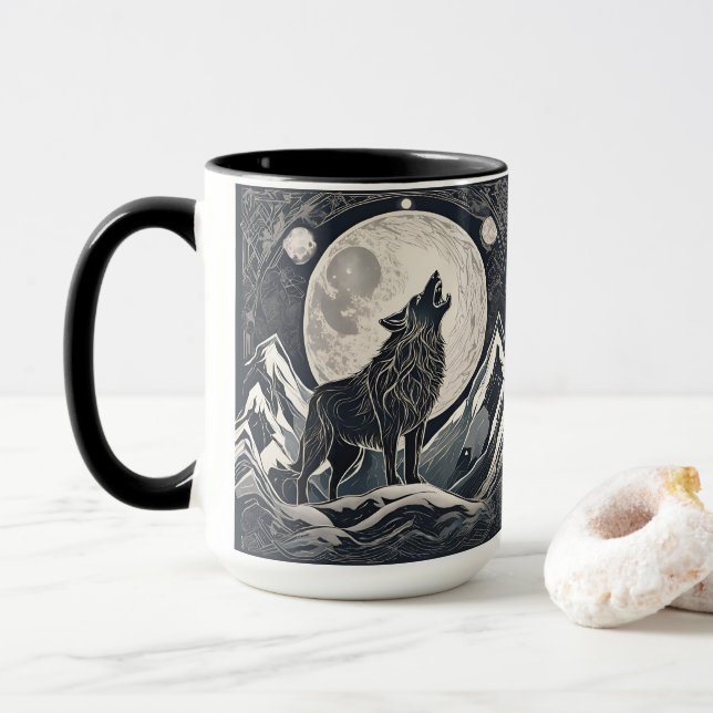 Night Wolf Howl - Mondlicht & Waldästhetik Tasse (Mit Donut)