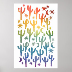 Night Wüste Fun Cactus Rainbow Pattern Wasserfarbe Poster