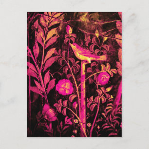 NIGHTINGALE MIT ROSE, Pink Fuchsia Schwarz Gelb Postkarte