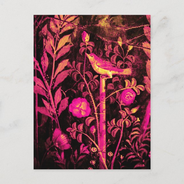 NIGHTINGALE MIT ROSE, Pink Fuchsia Schwarz Gelb Postkarte (Vorderseite)