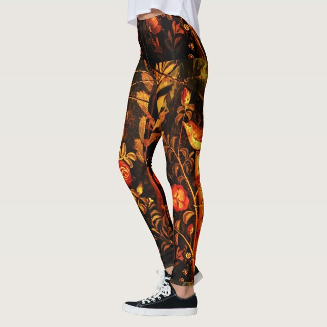 NIGHTINGALE, ROSE Rot-Gelb-Blätter Schwarze Flora Leggings (Links)