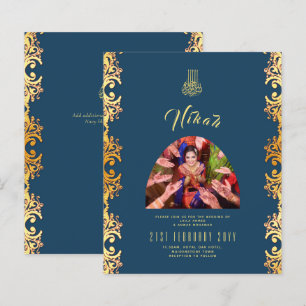 NIKAH Blue Gold FOTO Hochzeit Einladung
