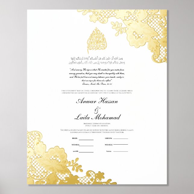 Nikah Certificate Nikkah Nama Islamische Hochzeit Foliendrucke (Vorderseite)