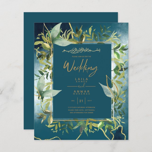 NIKAH - Einladungen für die Blaue Gold-Islamische  (Vorne/Hinten)