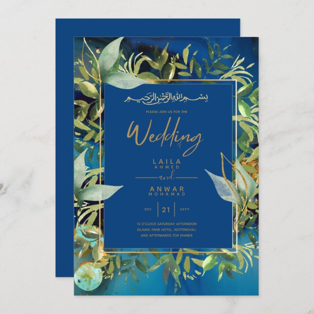 NIKAH - Einladungen für die Blaue Gold-Islamische  (Vorne/Hinten)