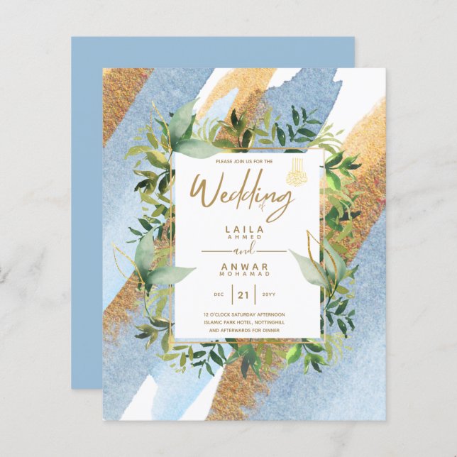 NIKAH - Einladungen für die Blaue Gold-Islamische  (Vorne/Hinten)