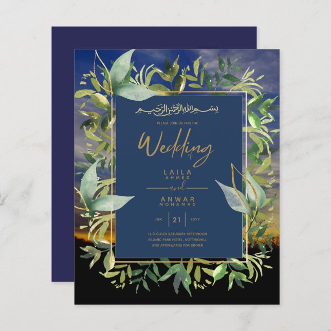 NIKAH - Einladungen für die Blaue Gold-Islamische  (Vorne/Hinten)