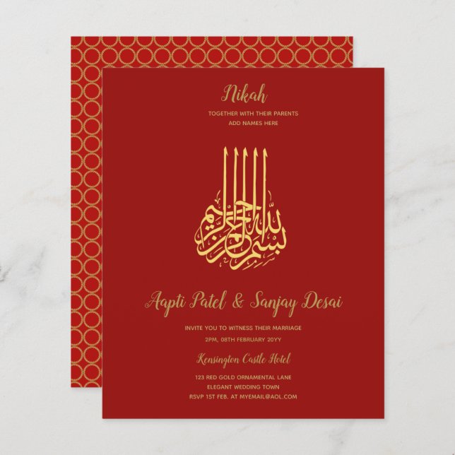 Nikah - Einladungen für die Red Gold Islamic Motif (Vorne/Hinten)