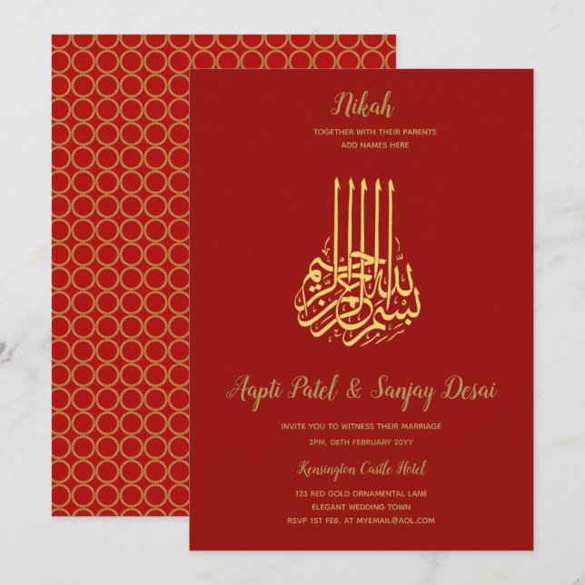 Nikah - Einladungen für die Red Gold Islamic Motif (Vorne/Hinten)