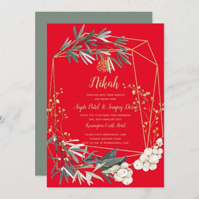 Nikah - Goldene Grüne Islamische Motif Wedding Ein Einladung (Vorne/Hinten)