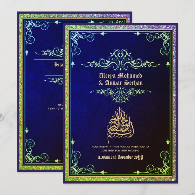 NIKAH - Islamische Hochzeitskalligrafie Blue Gold Einladung (Vorne/Hinten)