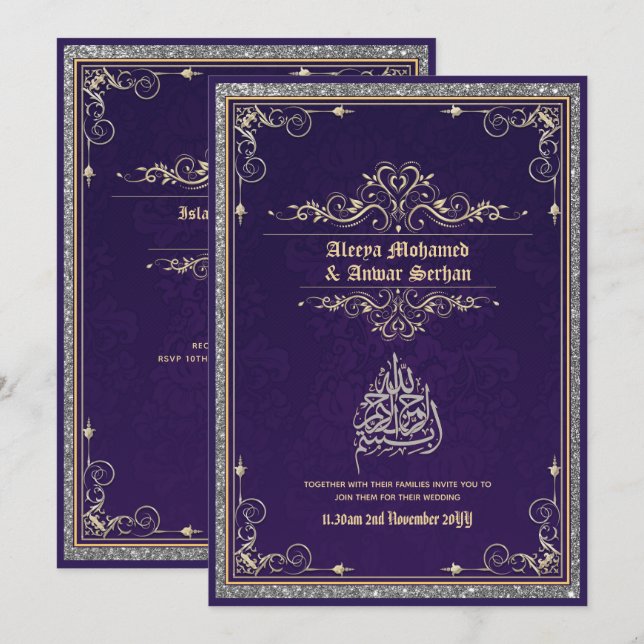NIKAH - Islamische Hochzeitskalligrafie Blue Gold Einladung (Vorne/Hinten)