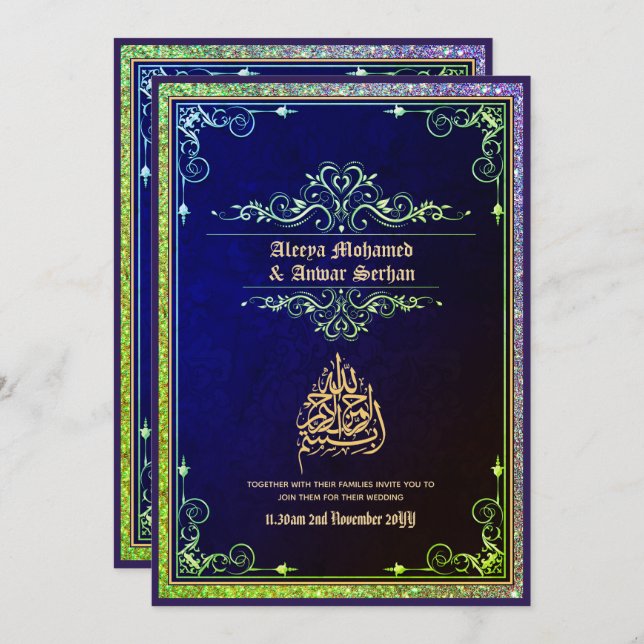 NIKAH - Islamische Hochzeitskalligrafie Blue Gold Einladung (Vorne/Hinten)