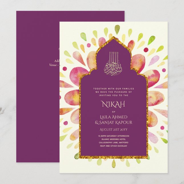 NIKAH - Modern Mandala Berry Gold Wedding Invitati Einladung (Vorne/Hinten)