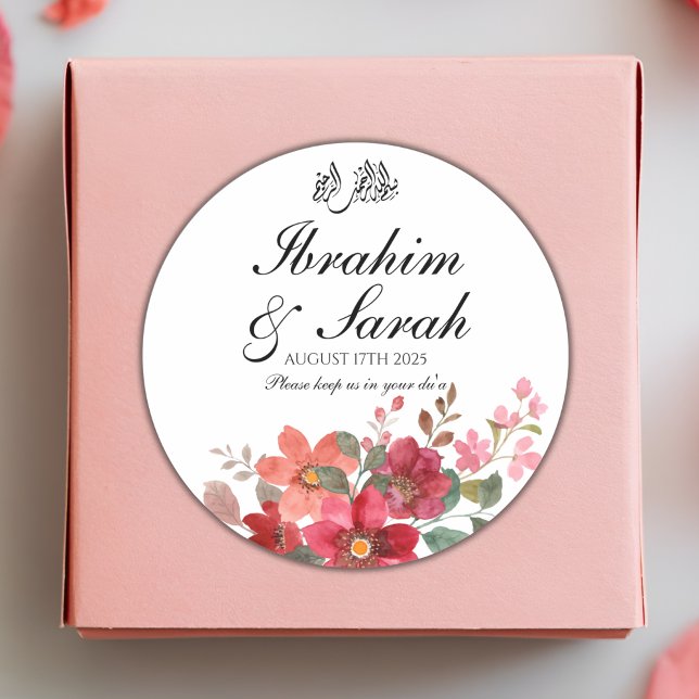 Nikah Muslim Gastgeschenk Hochzeit Red Floral Runder Aufkleber (Von Creator hochgeladen)