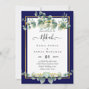 NIKAH NAVY BLUE GOLD Greenerie Eukalyptus Wedding Einladung