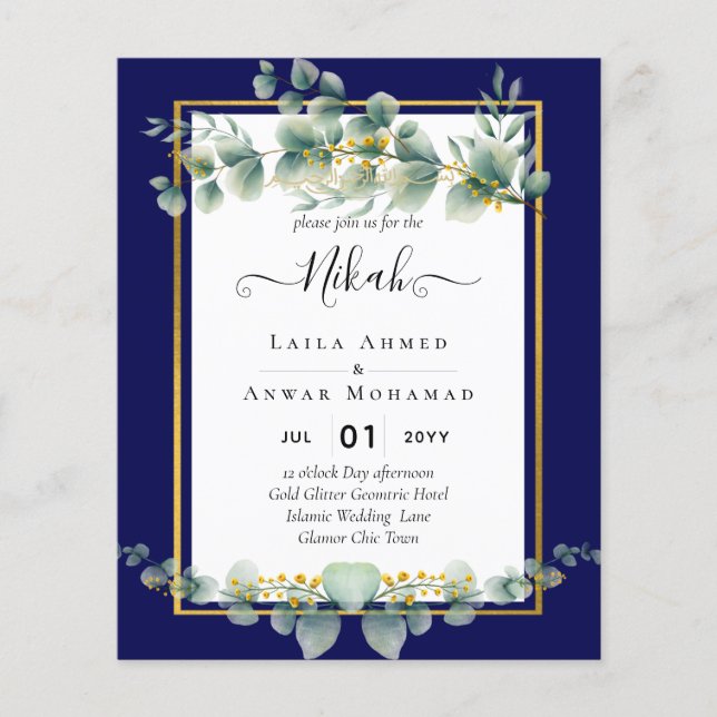 NIKAH NAVY BLUE GOLD Greenerie Eukalyptus Wedding Flyer (Vorne)