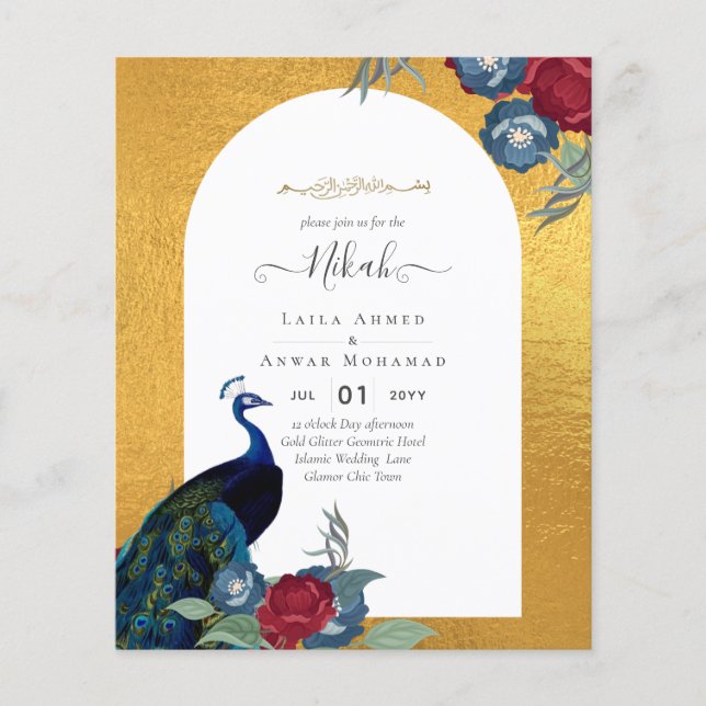 NIKAH Peacock Floral Gold Frame Islamic Wedding Fl Flyer (Vorne)