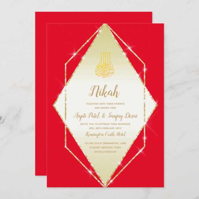 Nikah Red Gold Islamic Motif Wedding Einladung (Vorne/Hinten)