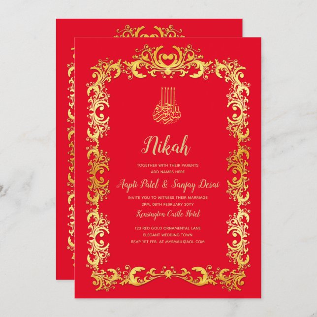 Nikah Red Gold Islamic Motif Wedding Einladung (Vorne/Hinten)