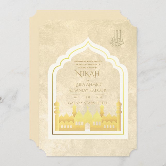 NIKAH - Verzierte islamische Moschee-Goldhochzeit Einladung (Vorne/Hinten)