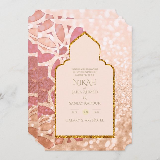 NIKAH - Verzierte Rosegold Pink Gold Wedding Einladung (Vorne/Hinten)