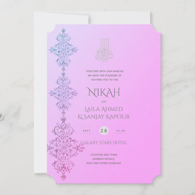 NIKAH - Verzierter islamischer Goldblush Pink Wedd Einladung (Vorderseite)