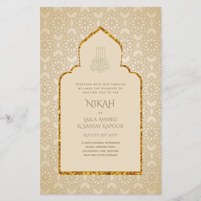 NIKAH - Verzierter islamischer Moschee-Gold-Weddin Flyer (Vorne)
