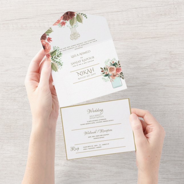 NIKAH WALLIMAH Gold Floral All in All In One Einladung (Abreißen)