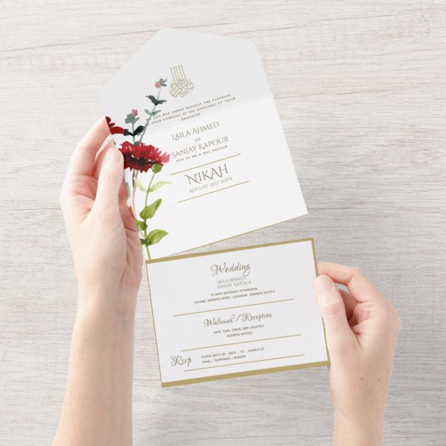 NIKAH WALLIMAH Gold Floral All in One Einladung (Abreißen)