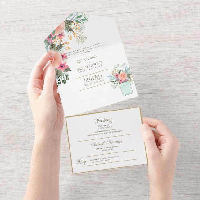 NIKAH WALLIMAH Gold Floral All in One Einladung (Abreißen)
