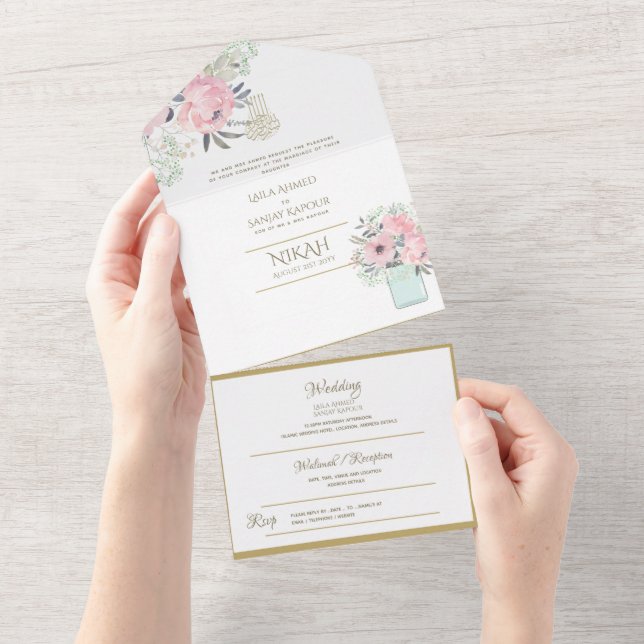 NIKAH WALLIMAH Gold Floral All in One Einladung (Abreißen)