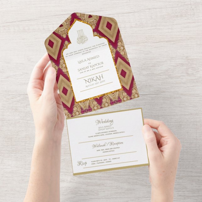 NIKAH WALLIMAH Gold Red Verziert All In One Einladung (Abreißen)
