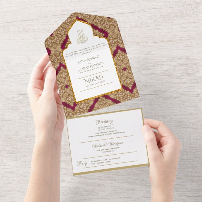 NIKAH WALLIMAH Gold Red Verziert All In One Einladung (Abreißen)