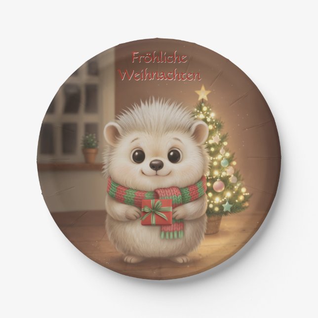 Niko mit Geschenk und Tannenlicht Pappteller (Vorderseite)